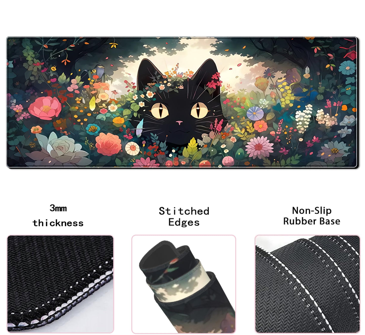 Black Cat Gaming Mouse Pad Colorful Flower Large Desk Mat, 31.5x11.8 Inch Mousepad Extended Non-Slip Rubber Base Keyboard Mat with Stitched Edges for Desk Home Office
