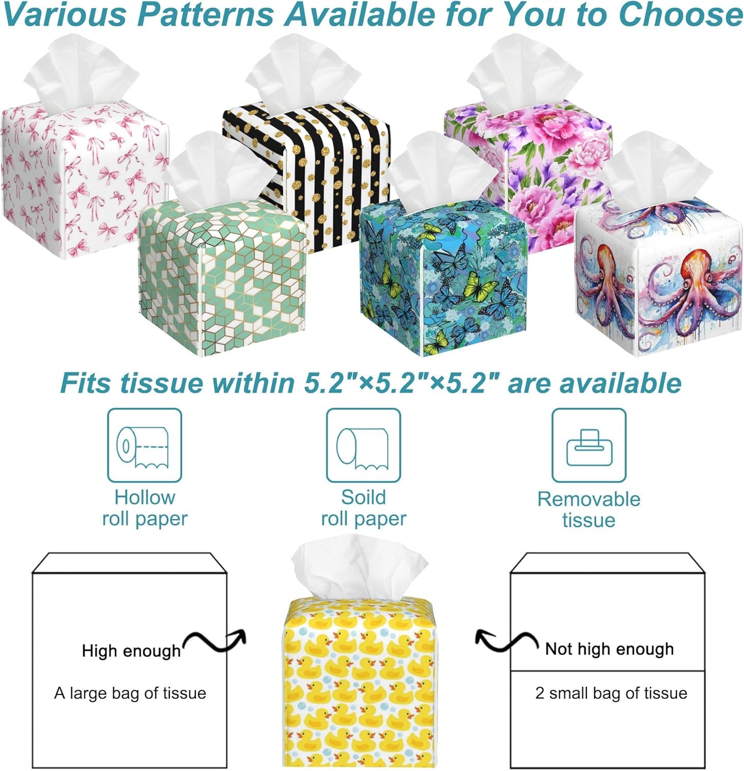 Cute Rubber Ducks Leather Tissue Holder,Soap Bubbles Square Tissue Box Cover with Bottom Belt,Modern Decorative Facial Tissue Paper Cover for Car Nightstand Vanity Desk Office,5.2" x 5.2" x 5.2"