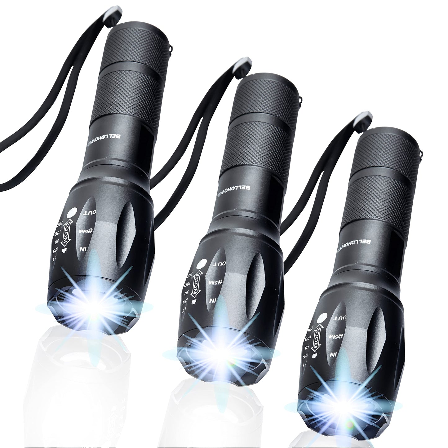 Bell+Howell Taclight 3 Pack Tactical Flashlights, High Lumens, Zoomable, Waterproof, Aluminum, Black, Model 9386