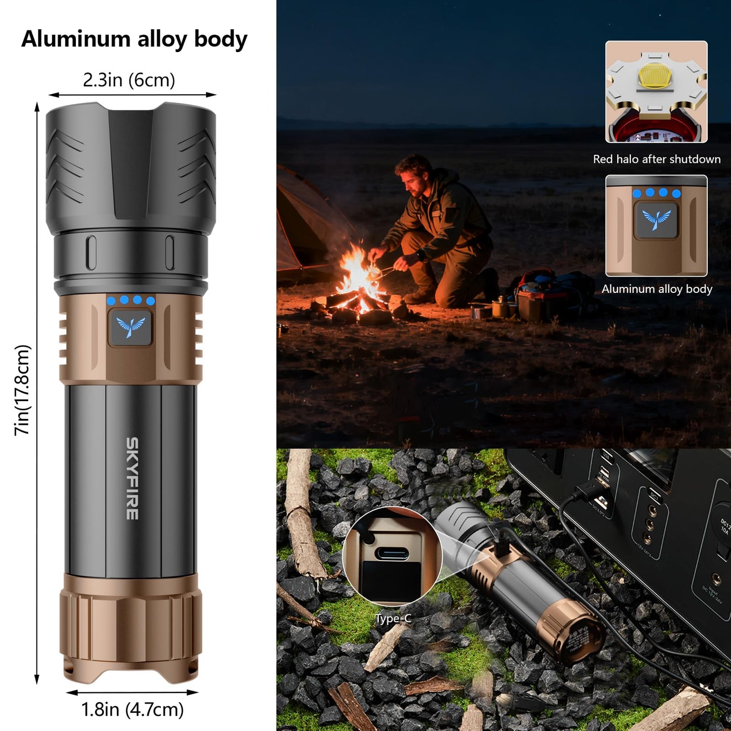 Skyfire Rechargeable Flashlights High Lumens With Ignition Lens 3000Lm Super Bright Flashlight Plus 7500Mah Zoomable Waterproof Tactical Flash Light For Camping Essentials Outdoor Home&Gifts-Upgraded