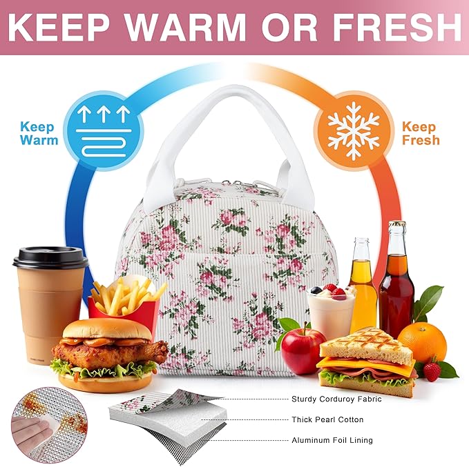 Lunch Bag - Insulated Lunch Box for Women, Reusable Large Capacity Cooler Bag for Adult, Small Leakproof Cute Corduroy Lunch Tote for Work Office Travel Picnic (Pink Flower)
