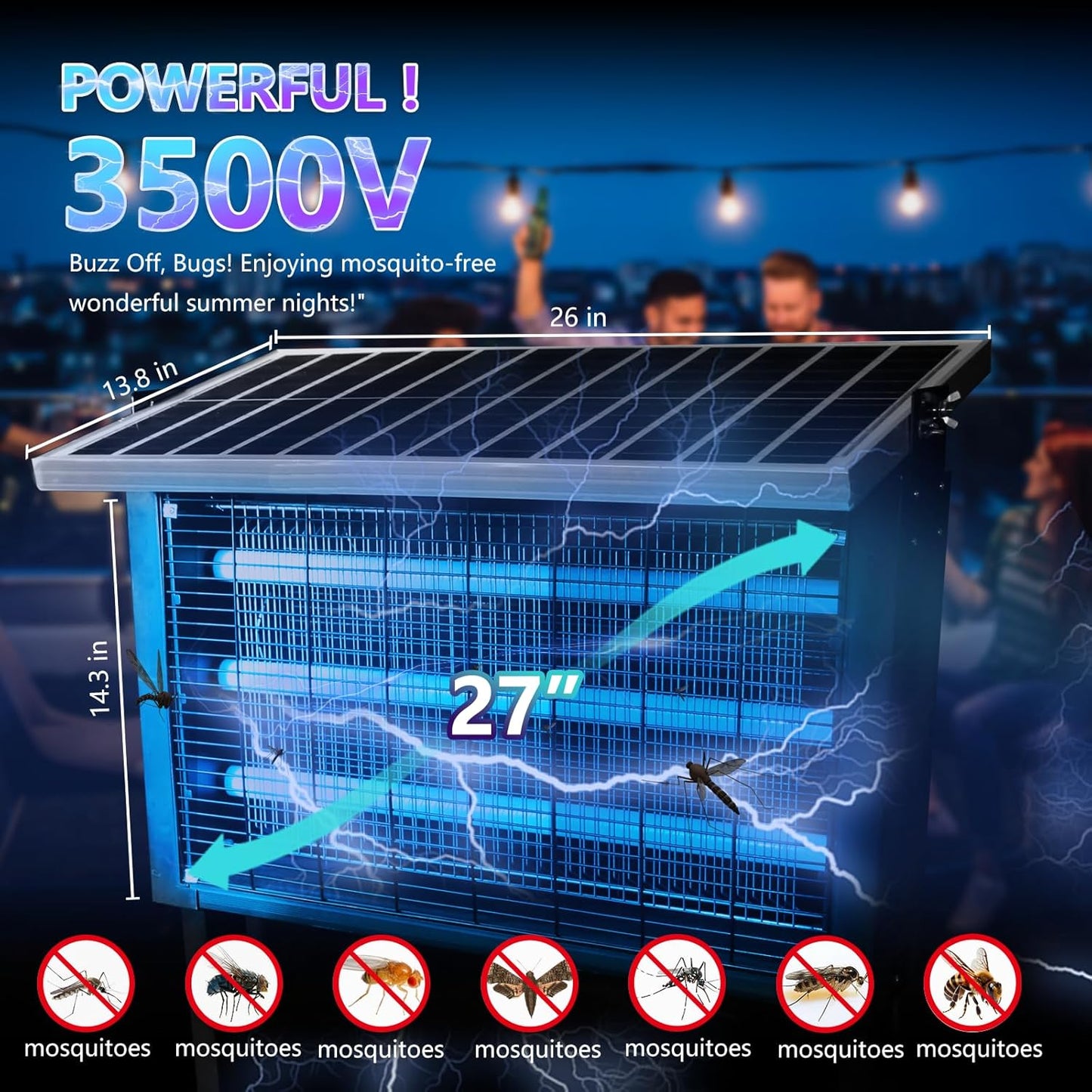 Powerful Super Large Solar Bug Zapper Outdoor for 8000 sq.ft, Poartable Rechargeable Mosquito Zapper with High Powered, Cordless Solar Zapper for Patio Garden Backyard RV Camping with 30W Solar Panel