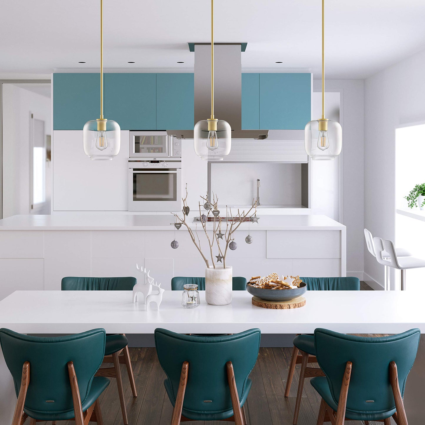 Linea di Liara Piarra Pendant Light, Satin Brass, Square Clear Glass Shade, Model LL-P622-3SB, Ideal for Kitchen Island and Over Sink Lighting