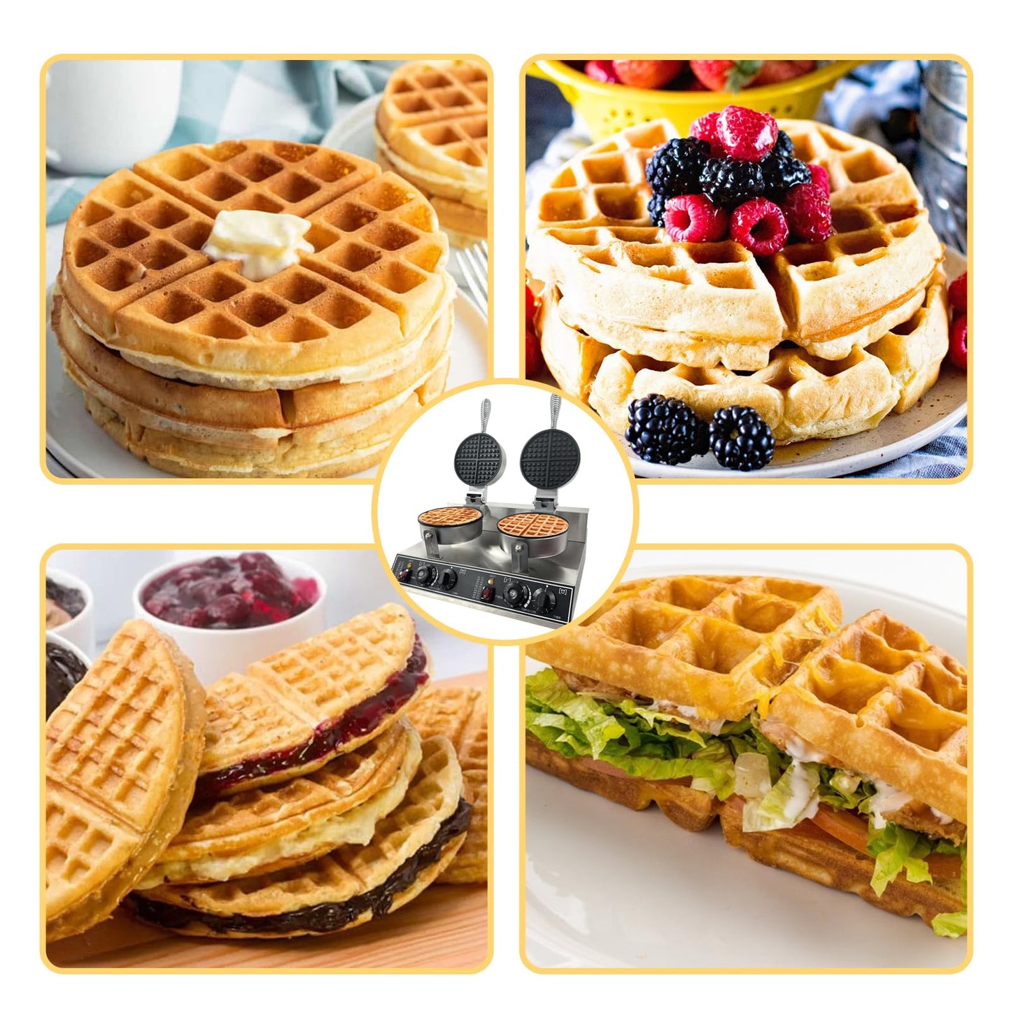 Double Head Commercial Waffle Maker, 2400W Stainless Steel Nonstick Waffle Iron with 122℉ to 572℉ Temp Range & Time Control, Perfect for Home Cafe Restaurant Snack Bar Bakeries