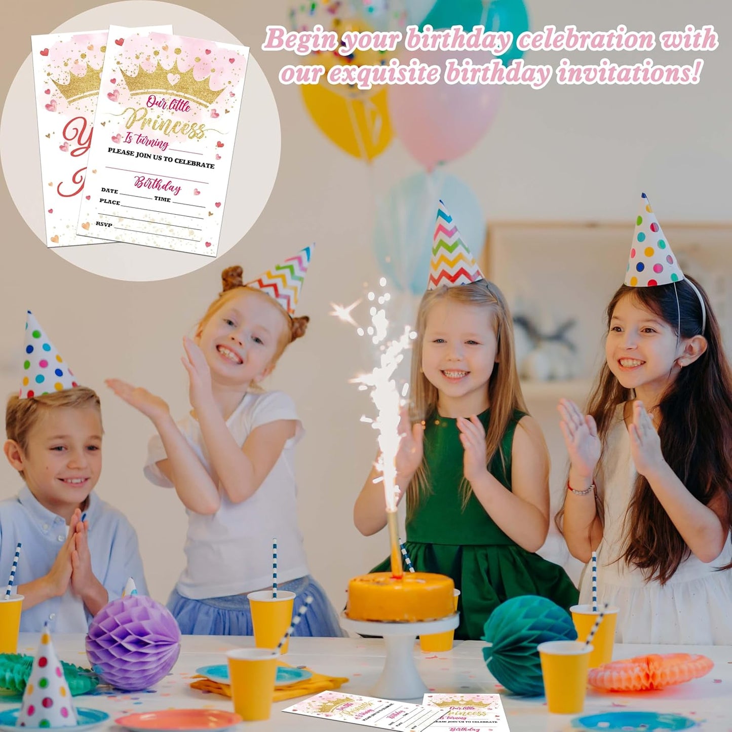 Princess Birthday Invitations, 20 Invitation Cards with Envelopes, Lovely Heart Invites for Girl Party Decorations Favor Supplies - A07