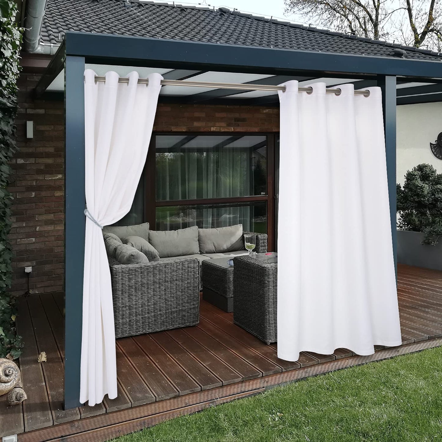BONZER Waterproof Indoor/Outdoor Curtains for Patio - Thermal Insulated, Sun Blocking Grommet Blackout Curtains for Bedroom, Porch, Living Room, Pergola, Cabana, 2 Panels, 52 x 84 inch, White