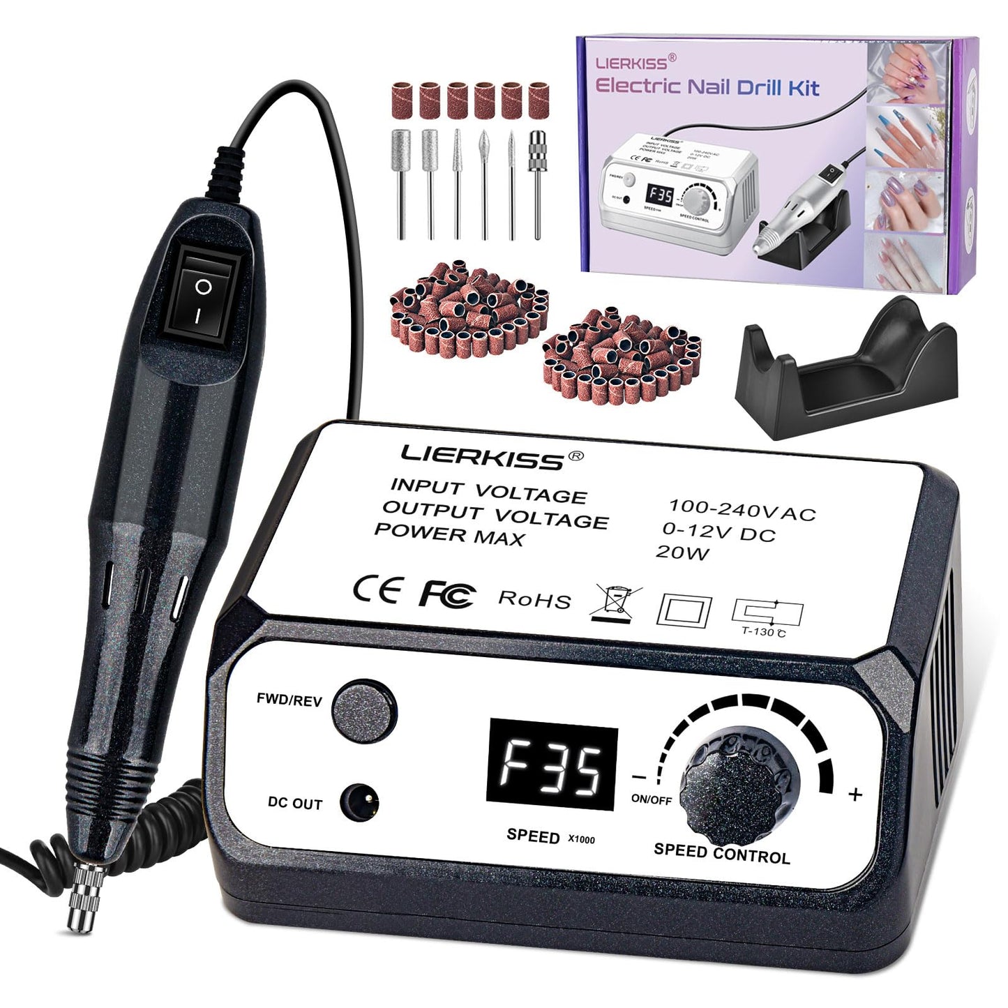 LIERKISS Nail Drill 35000RPM Electric Nail File Professional Dril Nails with 100pcs Sanding Bands and Nail Drill Bits for Acryli