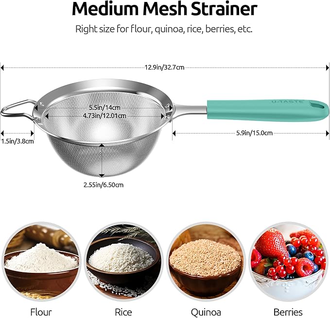 U-Taste Fine Mesh Food Strainer: 18/8 Stainless Steel 30 Mesh Kitchen Sieve with Sturdy Riveted Silicone Handle, Heavy Duty Deep Handheld Metal Colander (Small/3.35in+Medium/4.73, Aqua Sky)