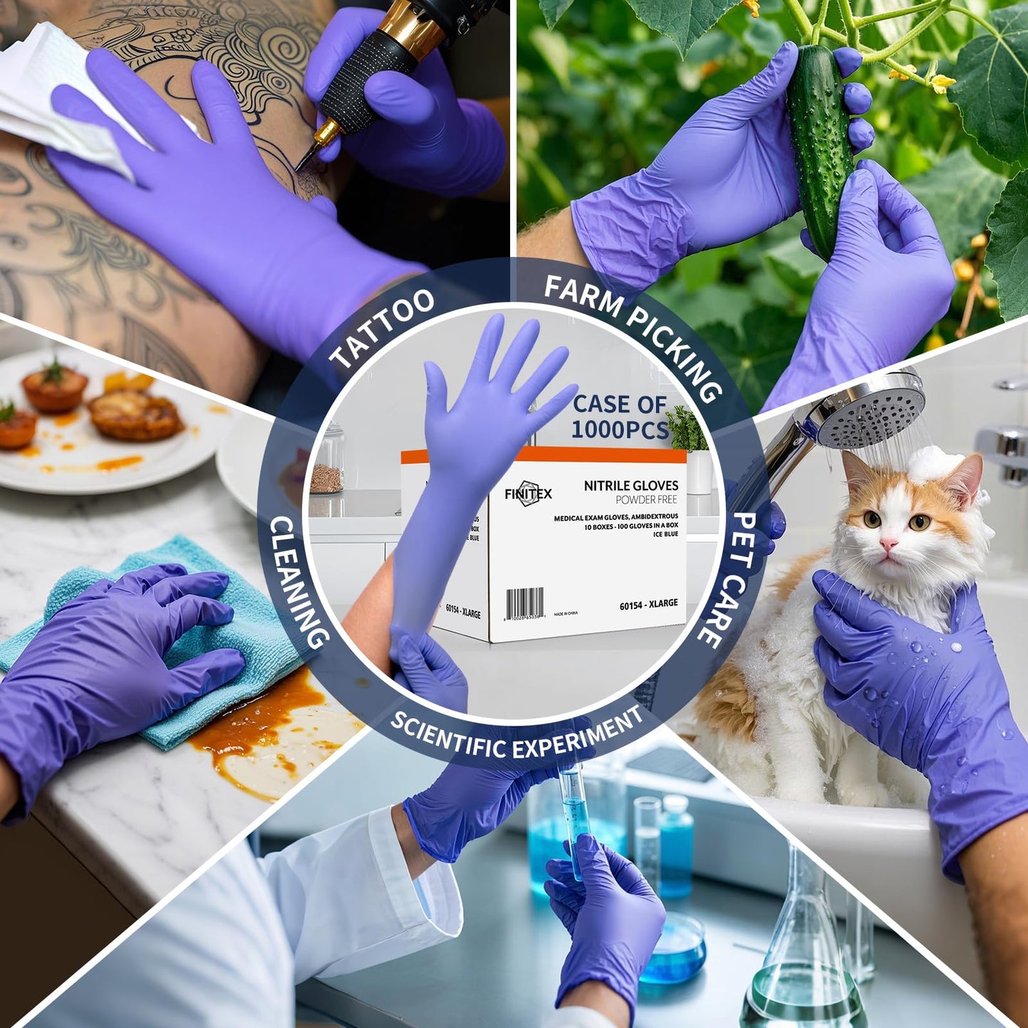FINITEX Disposable Nitrile Exam Gloves 1000 PCS - 3.2mil Ice Blue Powder-free Latex-Free Examination Home Cleaning Food Gloves (L)