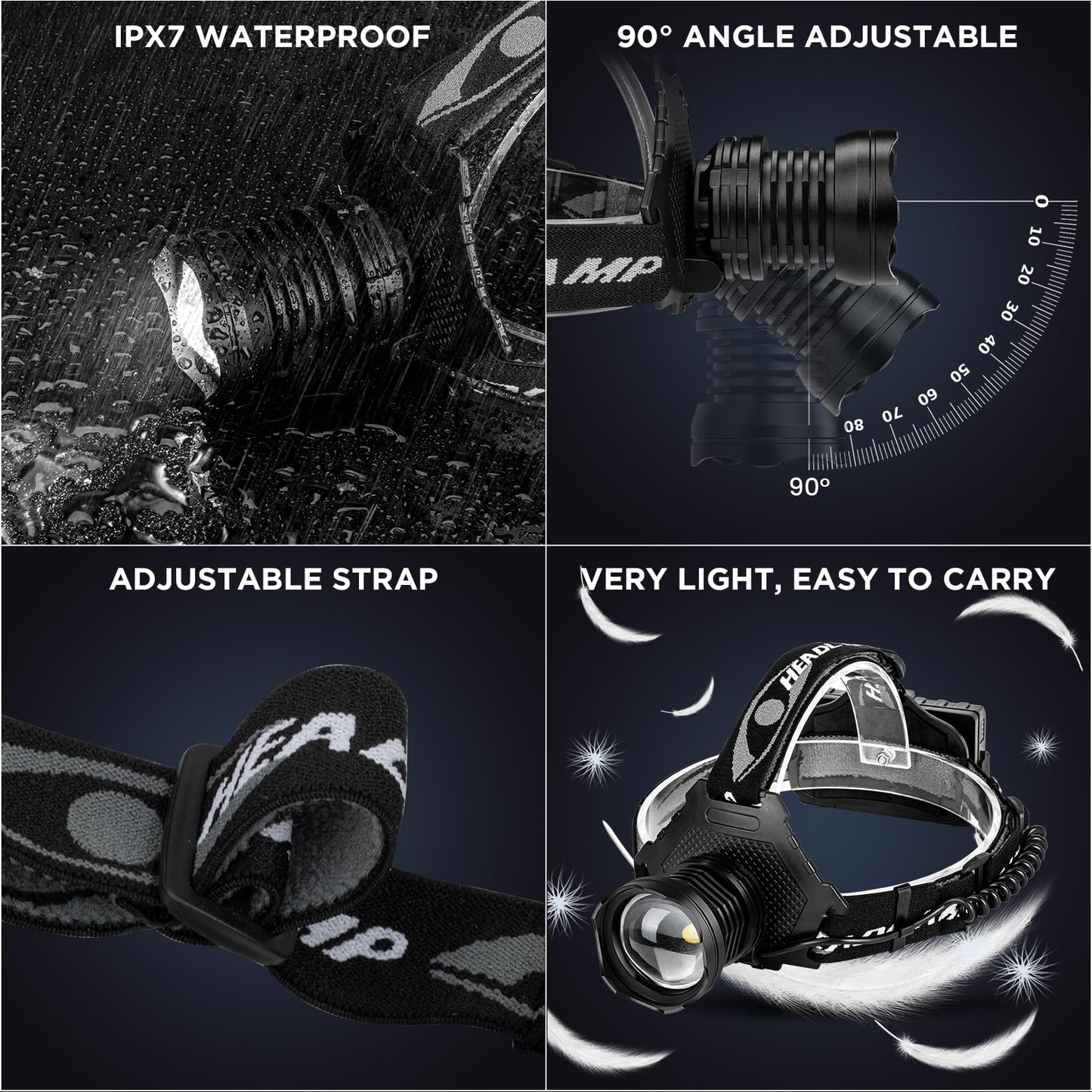 Rechargeable Headlamp  3000 Lumens Led Super Bright Head Lamp With 5 Lighting Modes  Usb Rechargeable  90Adjustable  Waterproof  Bright Headlamp For mature-themeds Camping Biking Running(?Attery Included)