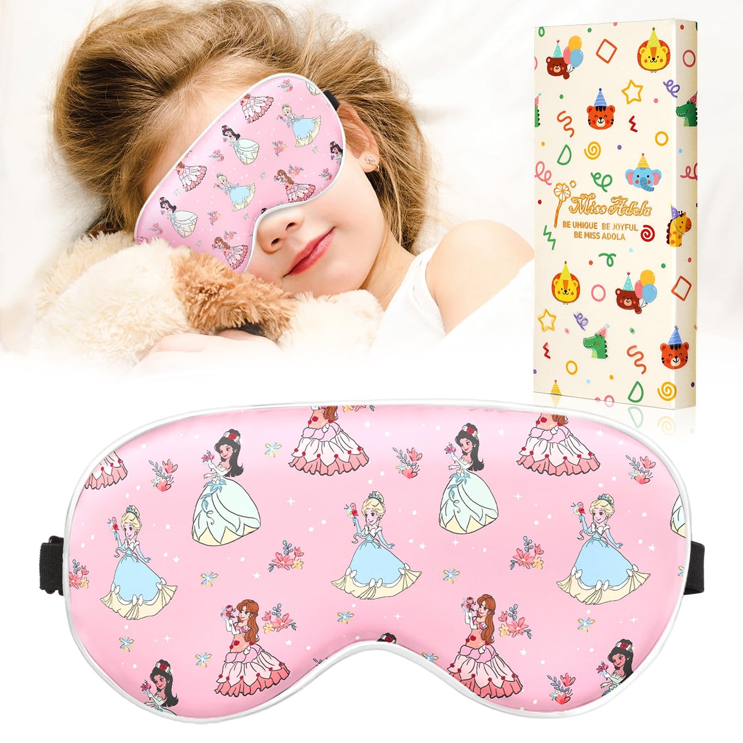 Miss Adola Sleep Mask for Kids - Cute Cartoon Silk Eye Mask for Sleeping with Adjustable Strap Soft Smooth Light Silk Kids Eye Cover for Boys Girls Teens, Flower Girl