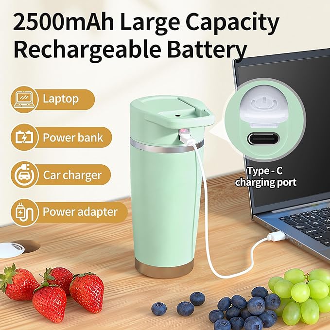 Portable Blender for Smoothies&Shakes 24oz Insulated Cup Cordless, Personal Small Licuadora Portatil With Stainless Steel Bottle, USB-C Rechargeable Travel Blender, BPA Free, for Juicing(Green)