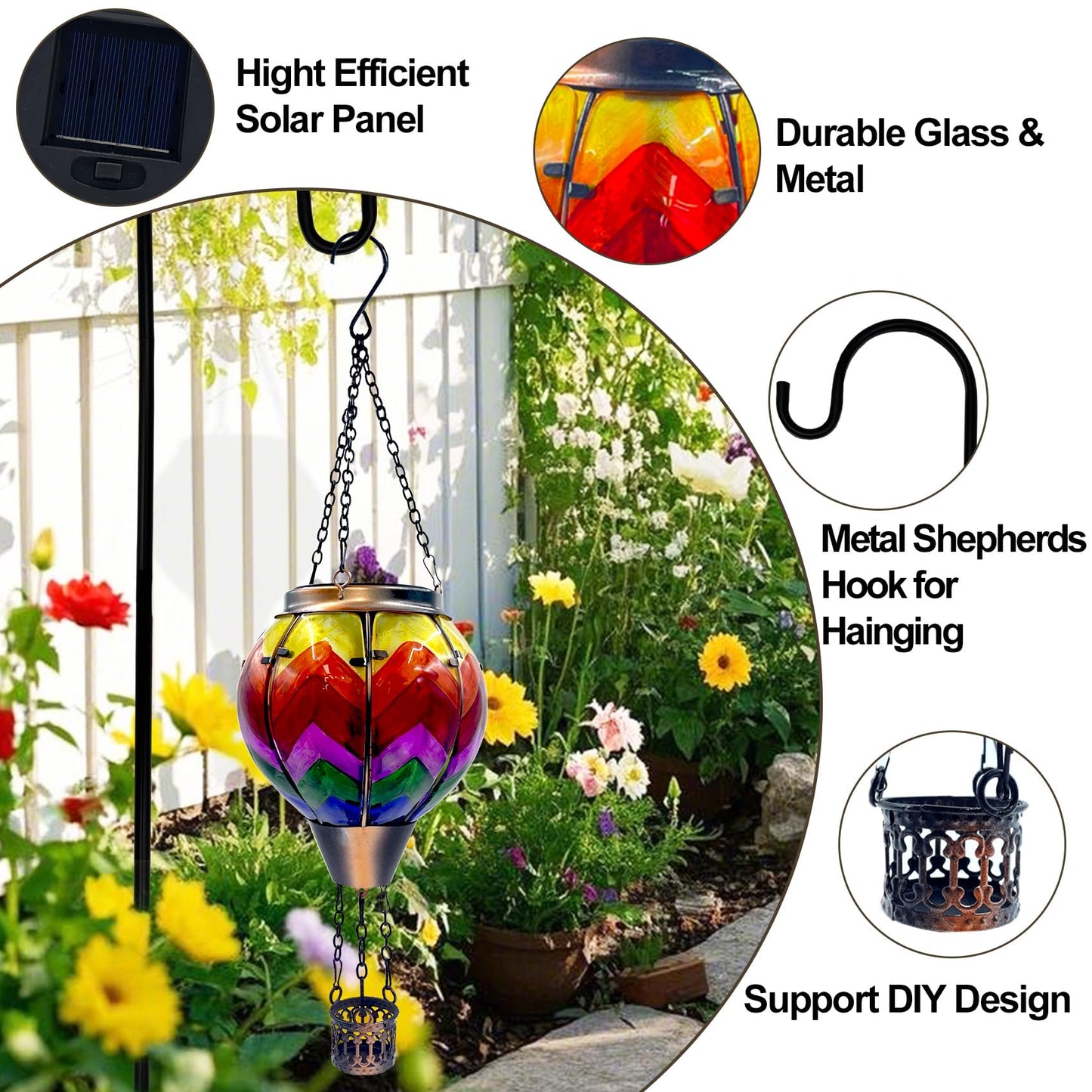 Twirleternity 2Pcs Hot Air Balloon Solar Lantern (Metal Shepherds Hook) (Flickering Flame) (Efficient Solar Panel Power) Hanging Lanterns Outdoor Waterproof Thanksgiving Gifts Colorful Wave