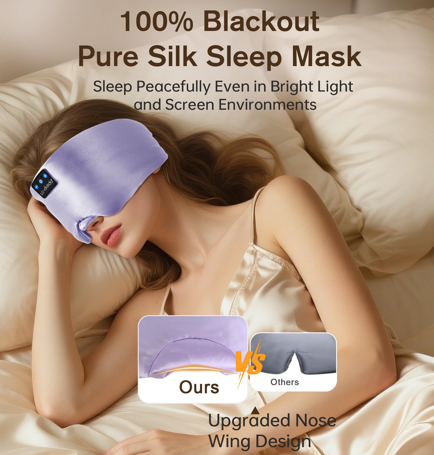 LC-dolida Luxurious Silk Soft Sleep Mask, Sleep Headphones with Bluetooth 5.4 for Side Sleeper, Total Blackout Eye Sleeping Mask for Women and Men, Ideal Gift for Restful Sleep, Travel(Light Purple)