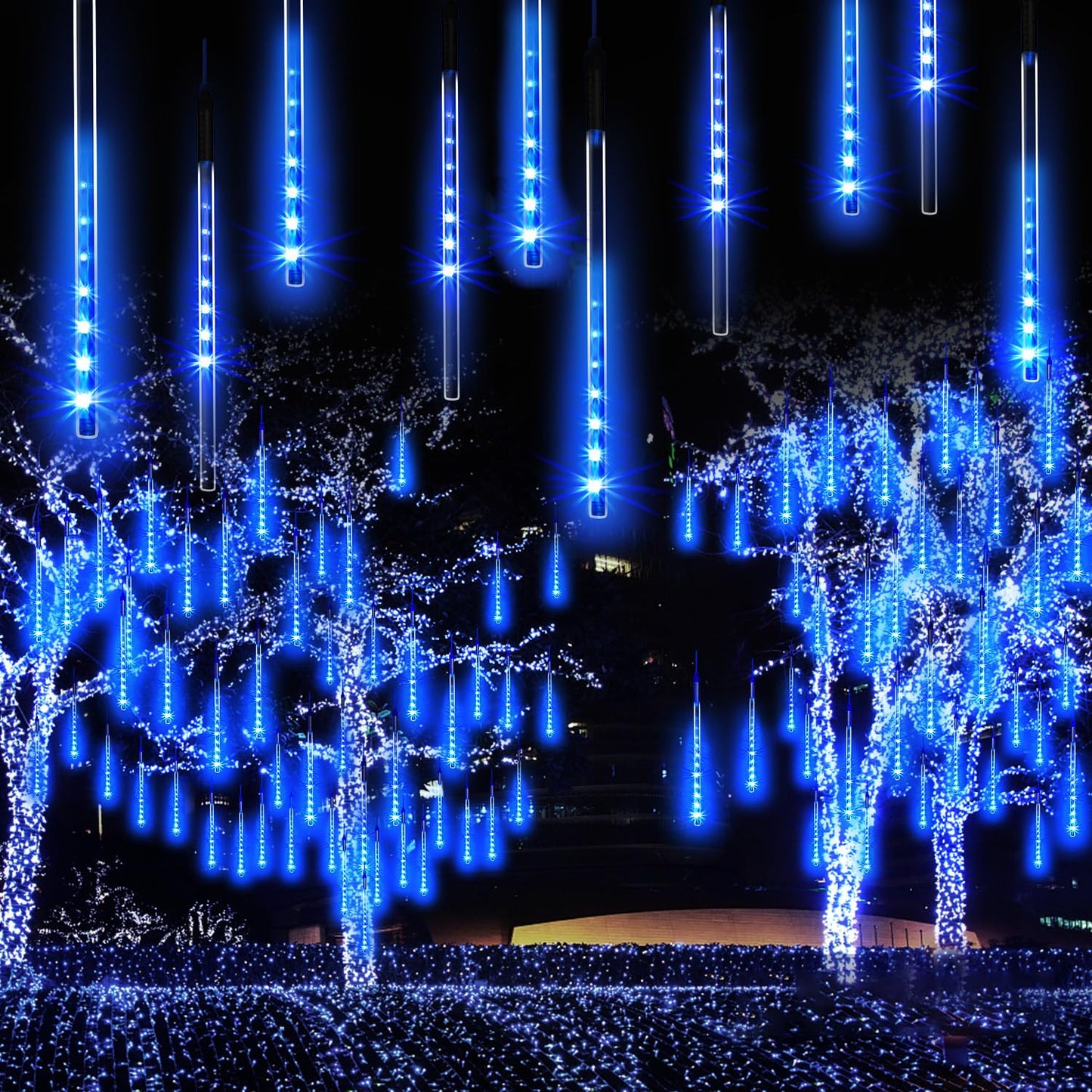 Jjgoo ?4 Pack? Christmas Lights Meteor Shower Rain Lights 20Inch  Totally 40 Tube 1440 Leds Icicle Light Outdoor Raindrop Light For Xmas Halloween Wedding Party Tree Holiday Decoration  Blue