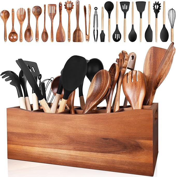 XYJ Wooden Utensil Holder, Utensil Container with Cookware Tools, Including Spatulas, Ladles, Whisks, Food Tongs & Pastry Brush, Acacia Wood Kitchen Organizer Tool for Kitchen Counter