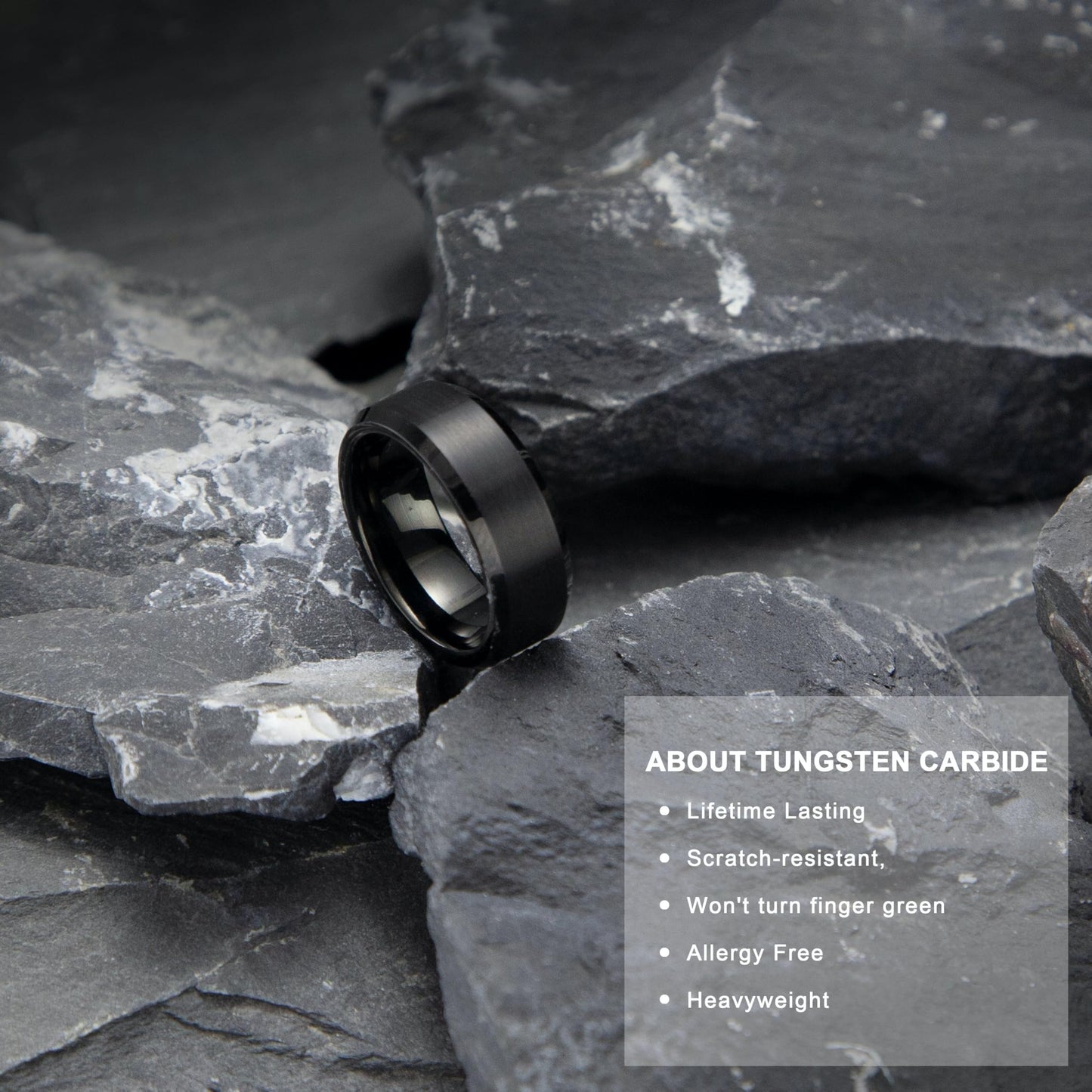 LerchPhi Black Tungsten Carbide Ring - Polished Beveled Edge & Matte Satin Finish, 8MM Band Width, Size 15