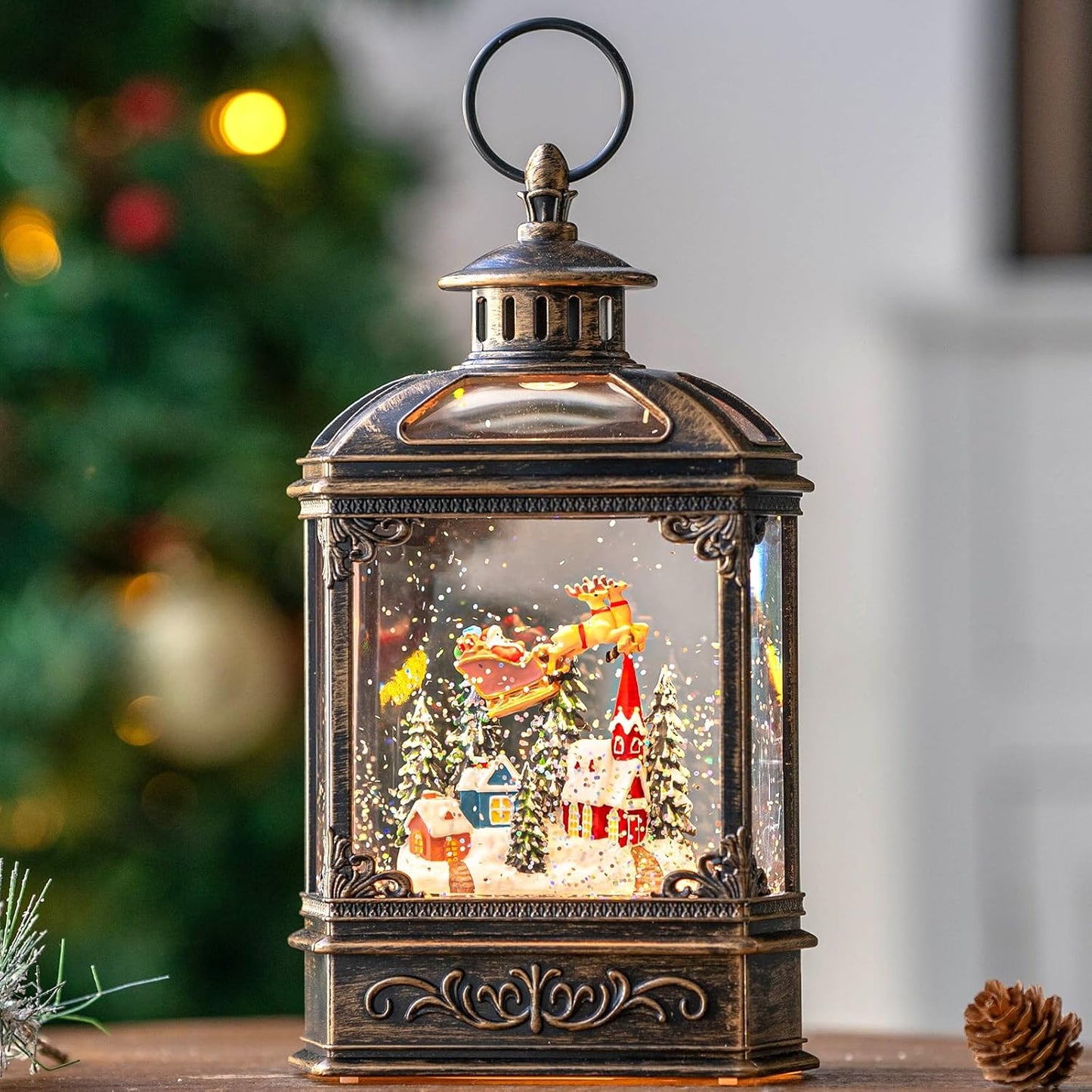 Christmas Snow Globe Swirling Glittering Lantern Santa Flying with Reindeer, USB Lined/Battery Operated Lighted Water Lantern for Christmas Festival Decoration Gifts