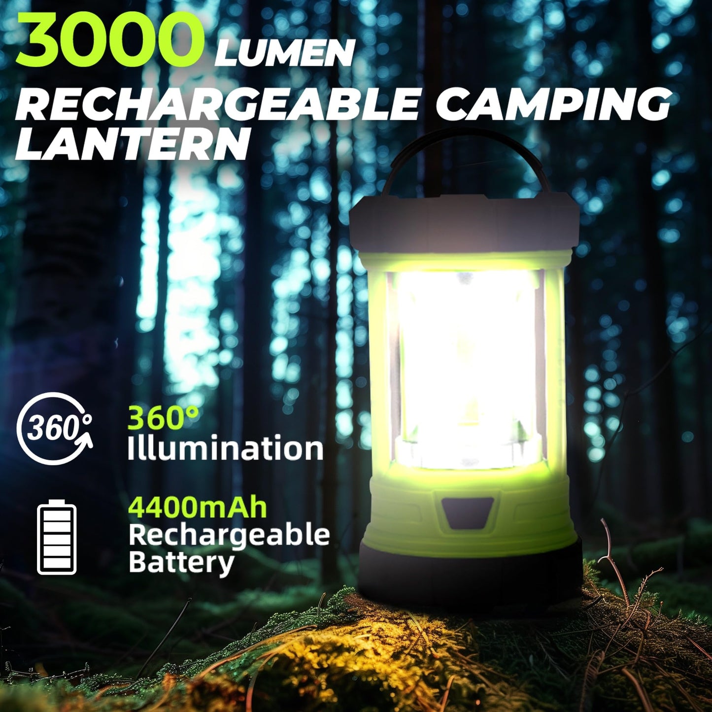 Favourlite Rechargeable Camping Lantern - 3000Lm, 5 Light Modes, 4400Mah Phone Charger, Waterproof, Pale Green, Model 001