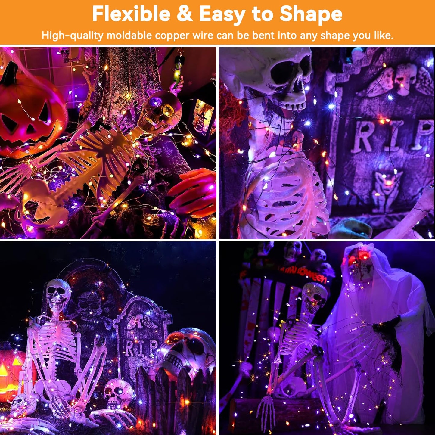 Solar String Lights Outdoor Waterproof 2 Pack Total 66Ft 200Led 8 Modes Twinkle Lights Solar Fairy Lights For Patio  Garden Yard Party Tree Christmas Halloween Decoration  Orange + Purple