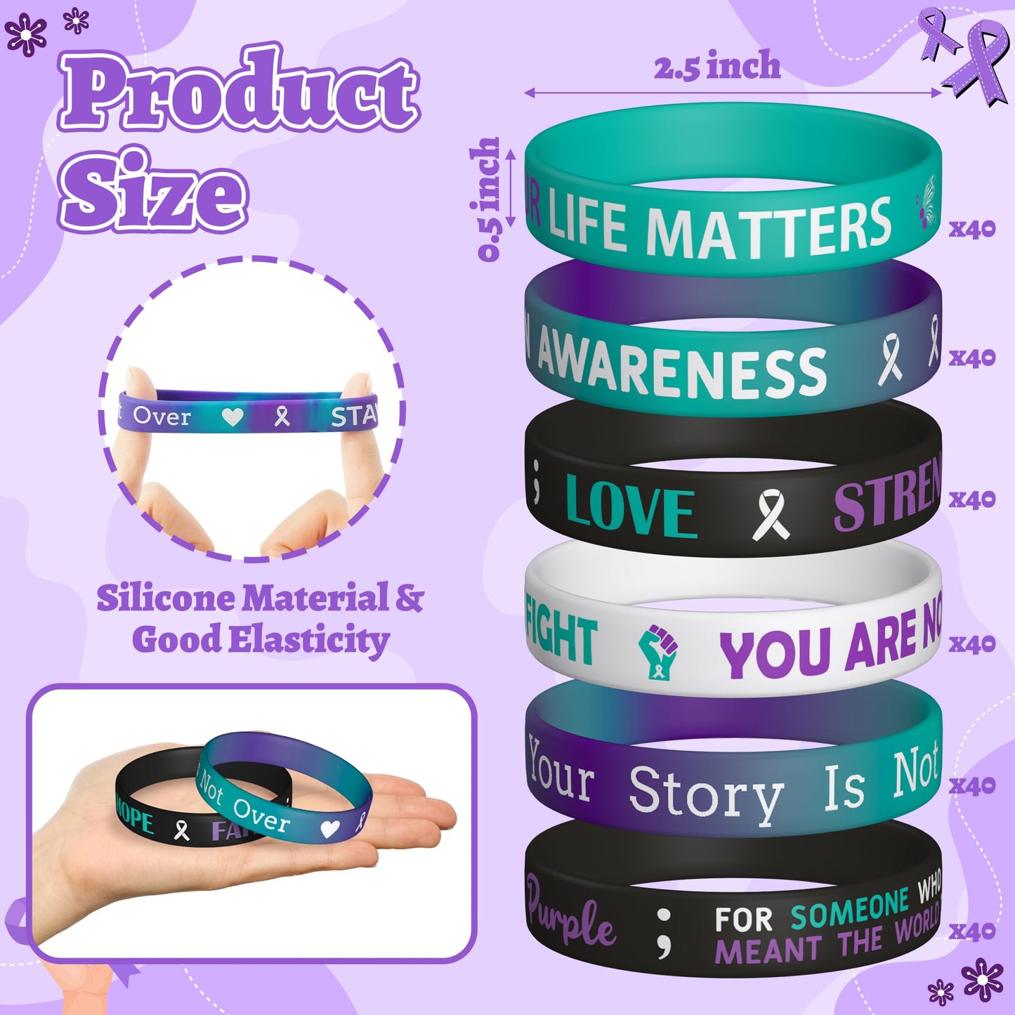 WATINC Suicide Awareness Silicone Bracelets Set, Suicide Prevention Awareness Pieces Ribbons Stretch Wristbands, Motivational Ru