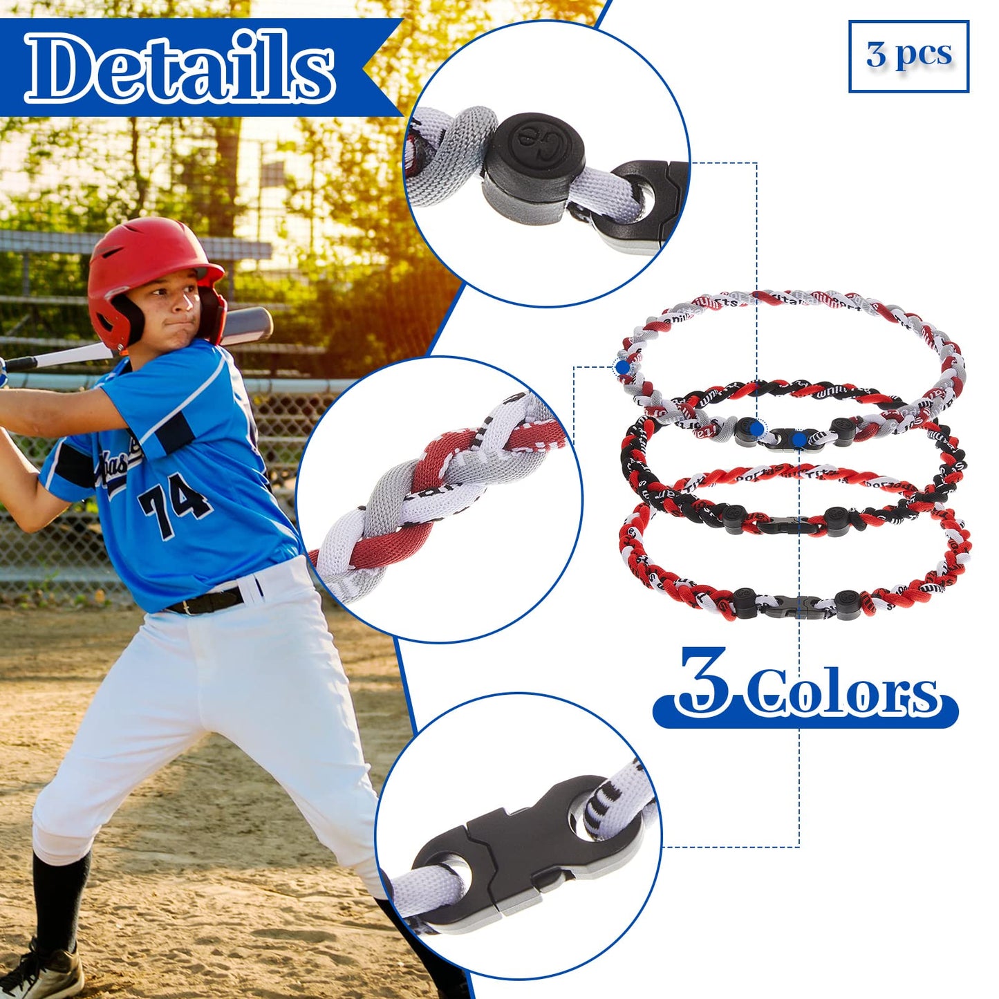 Junkin 12 Pcs Baseball Necklaces Three Braided Rope Titanium Necklace for Team Gifts Boys Men Player Softball Fans Sports (Styli