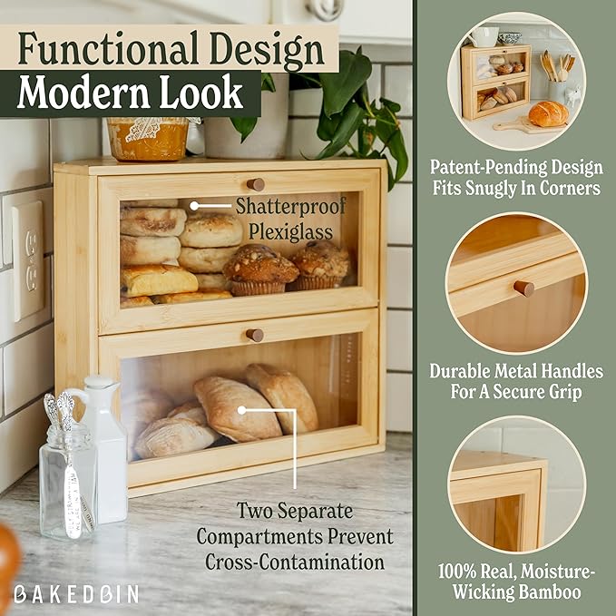 Corner Bread Box for Kitchen Countertop - New 2025 Design, Vintage Bamboo Wooden BreadBox, Large, Double Layer Storage for Homemade Bread, Sourdough, Panera, Under Cabinet Organizer