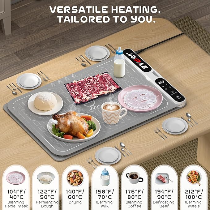 Warming Mat for Food, Fast Heating Silicone Electric Warming Tray with Heat Resistant Pad Protects Table,7 Level Temp, 8H Timer, Portable & Rollable Food Warmers for Parties Buffet, Daily Use