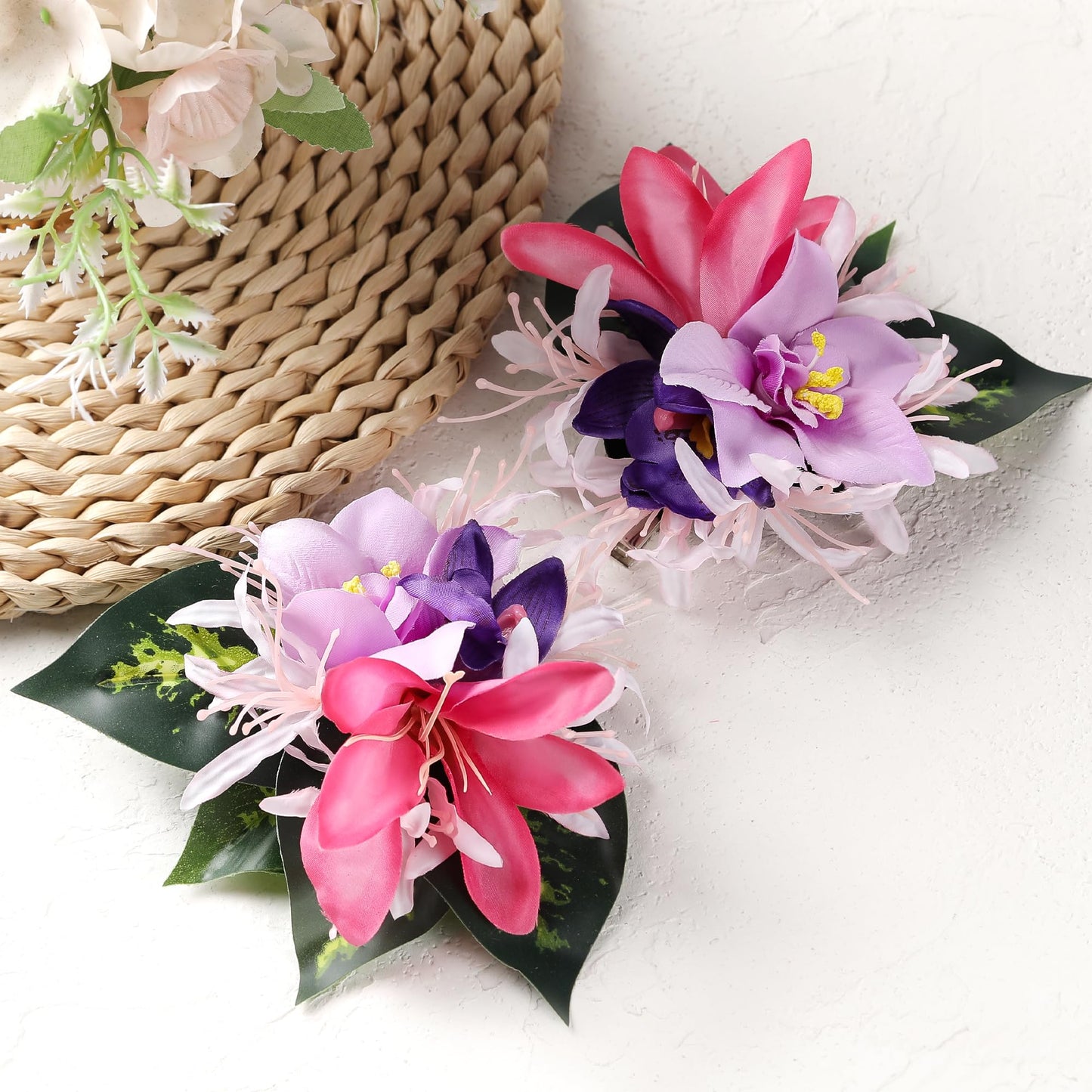 Tropical Hawaiian Flower Hair Clips - 2 Pack Artificial Hawaii Orchid Hairpin Luau Party Costume Hair Accessories for Women Girl
