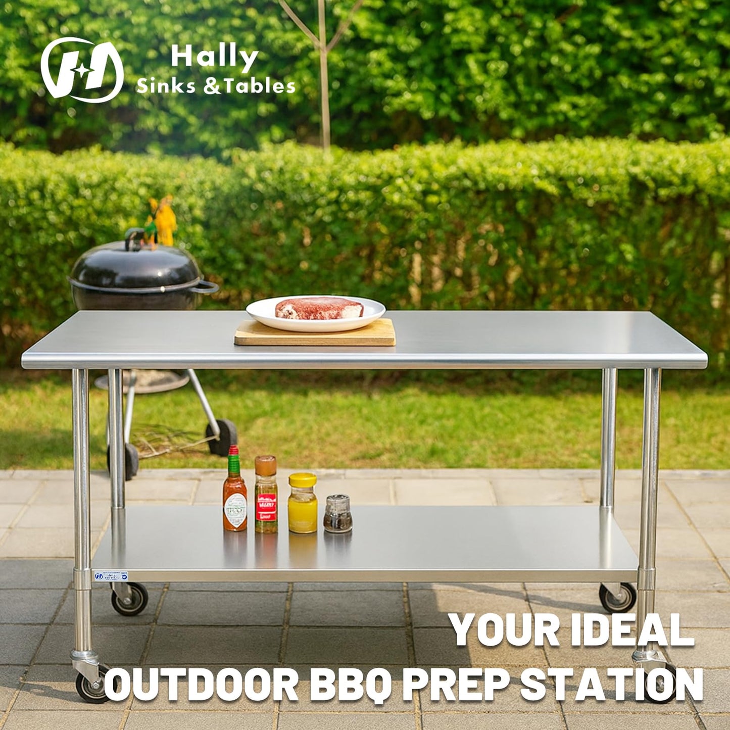 Hally Stainless Steel Table for Prep & Work 24 x 30 Inches with Caster Wheels, NSF Commercial Heavy Duty Table with Undershelf and Galvanized Legs for Restaurant, Home and Hotel