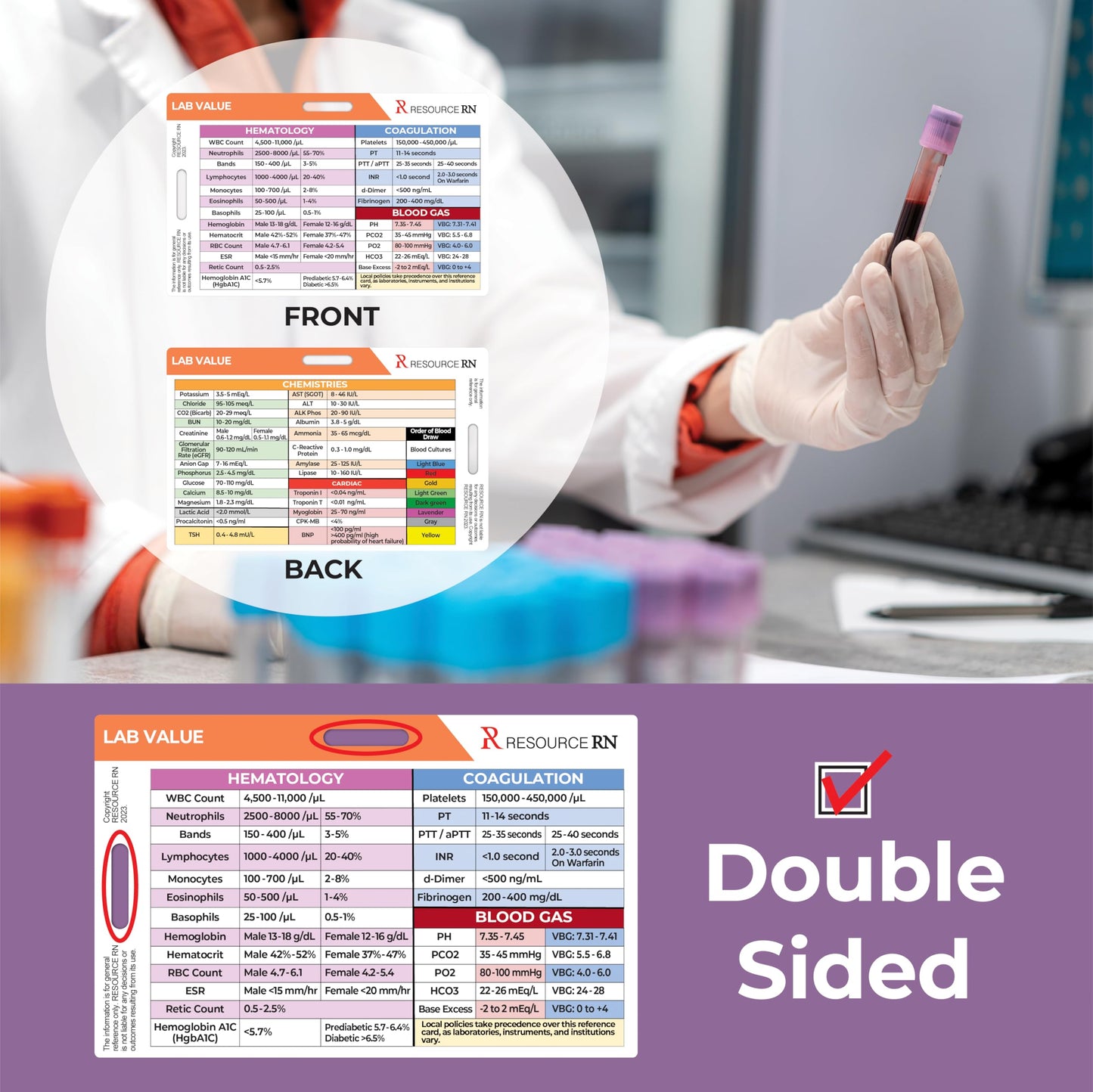 Lab Value Reference Card: Quick Clinical Guide, Fits Horizontal & Vertical Badge Reels