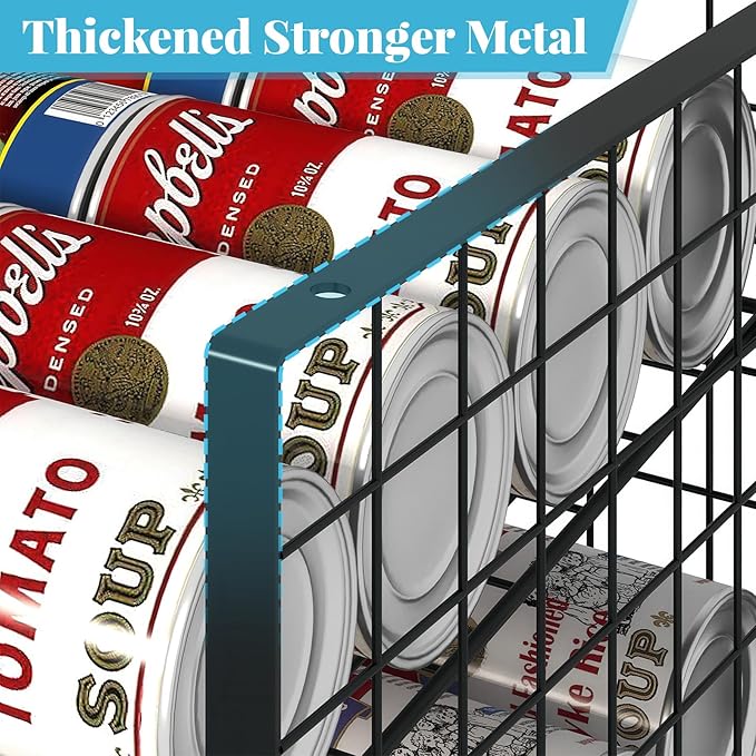 2-Tier Stackable Can Rack Organizer for Pantry Shelf, Adjustable Extra-Long Can Holder for Kitchen Organization Storage, Heavy Duty Can Dispenser for Canned Soup Food Goods Storage up to 64, Black
