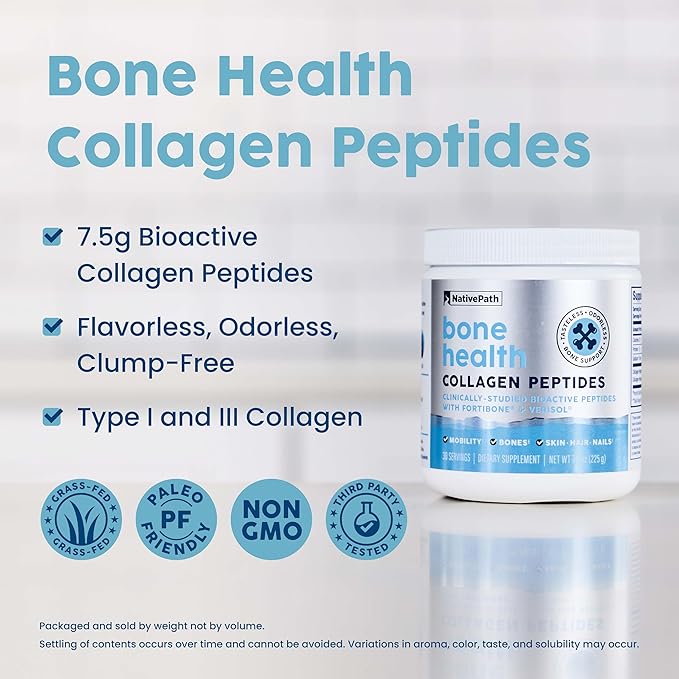 NativePath Bone Health Collagen Peptides, Type 1 & 3, with Fortibone and Verisol, 7.9 Ounce, 30 Servings