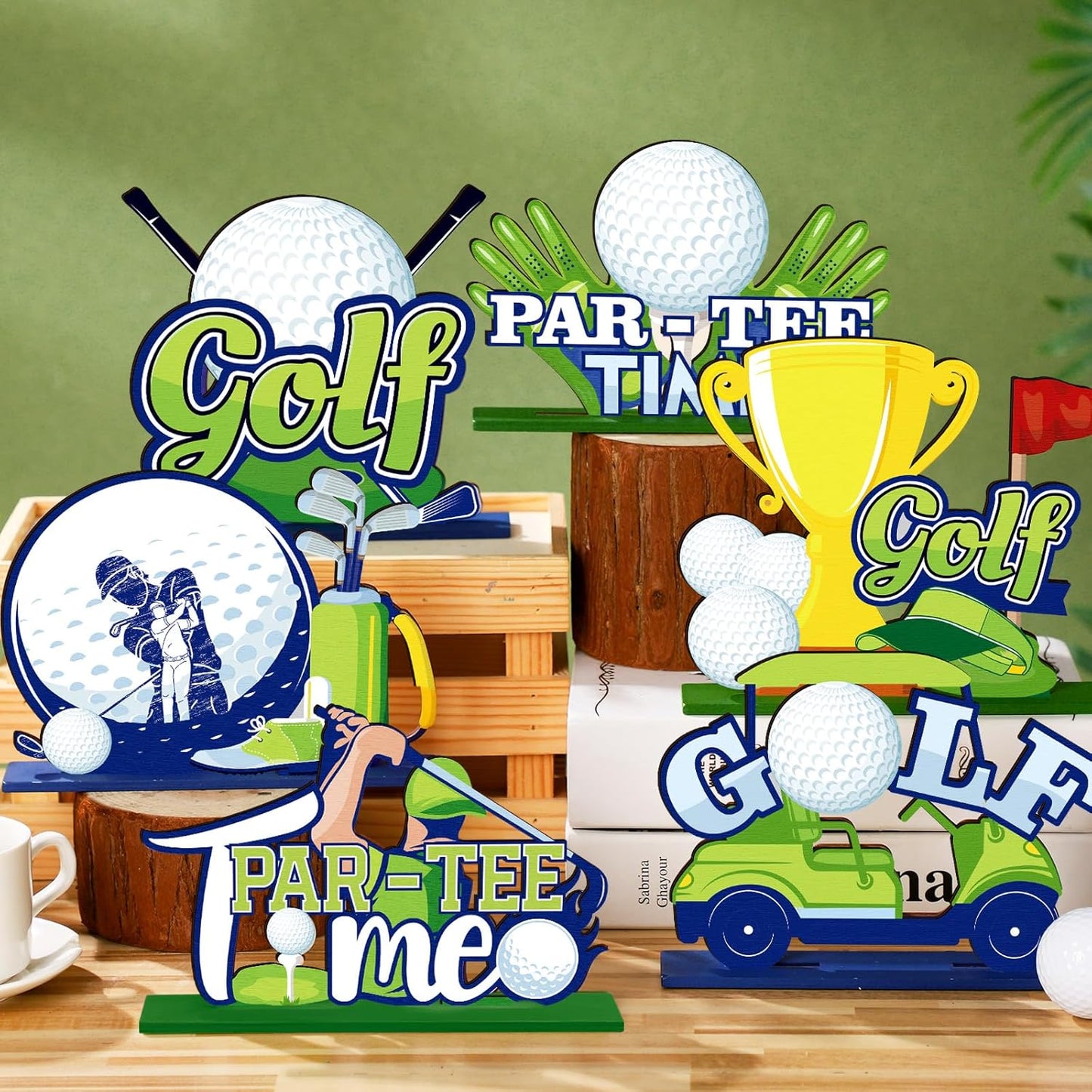 Suzile 6 Pieces Golf Party Decorations Golf Birthday Wooden Centerpieces for Tables Cake Topper Masters Birthday Baby Shower Sport Themed Party Decor