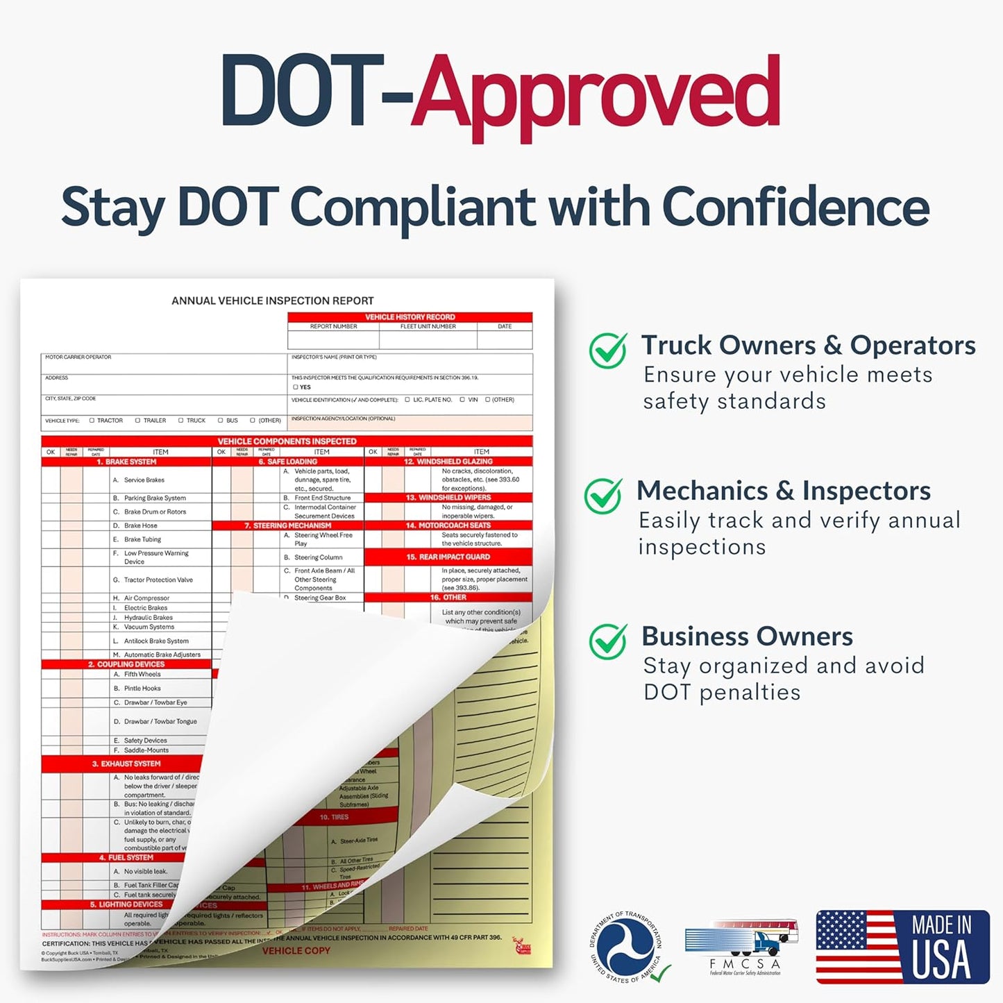 50 Pack 3-Ply Carbonless Annual Vehicle Inspection Report Forms with FMCSA Red Aluminum Labels & White Mylar Laminate Vinyl Labels, DOT Inspection Forms and Stickers, Shrink-Wrapped, 8.5" x 11.75"