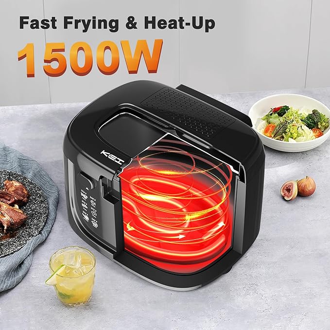 1500W Electric Deep Fryer with Adjustable Temperature Control, 2.5L Non-Stick Basket & Viewing Window, Folding Handle and Locking Cover for Easy Storage, Black