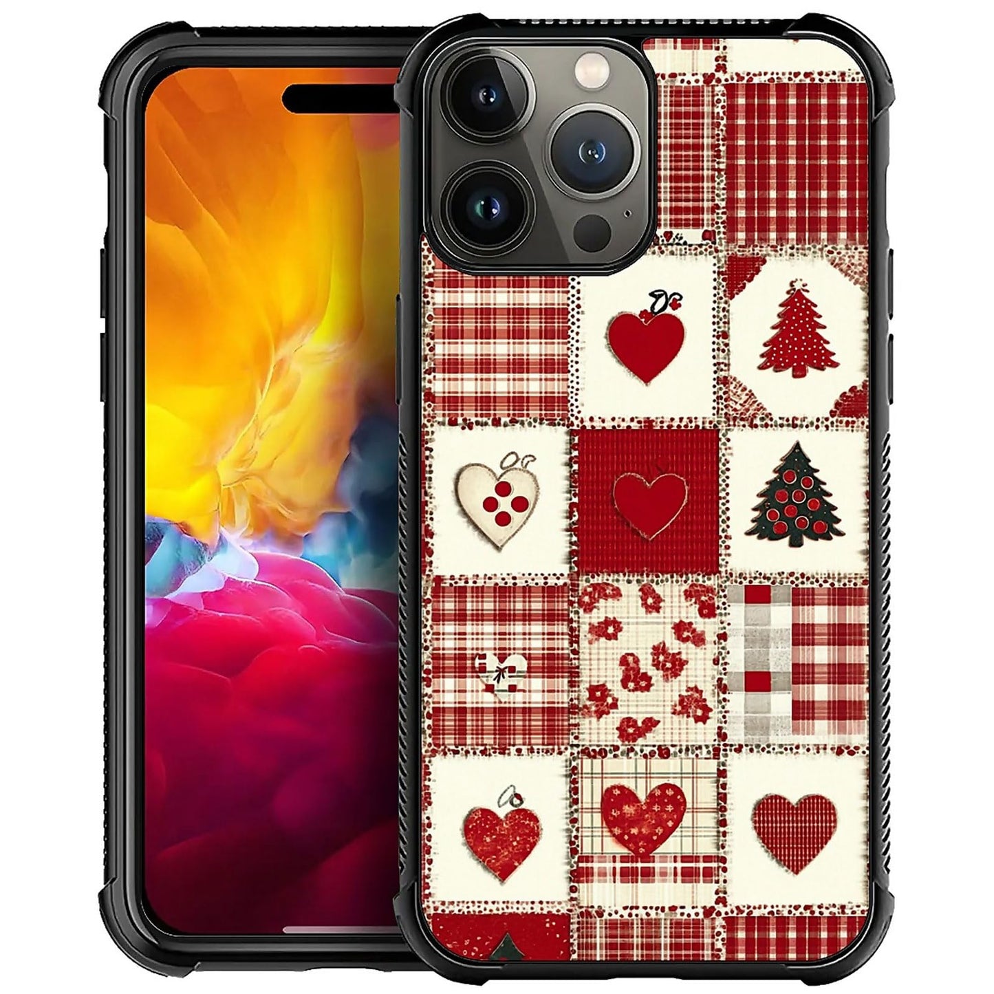 XUANWENPA for iPhone 15 Pro Case,The Black Shell Design is Bright,Anti Drop and Dust-Proof,Christmas Tree and Checkered Heart.