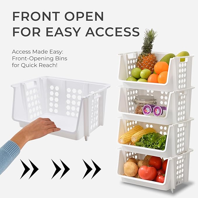 TidyFriend Small Stackable Storage Bins for Pantry - 4 Pack, Stackable Bins For Organizing Food, Kitchen, and Bathroom Essentials (White)