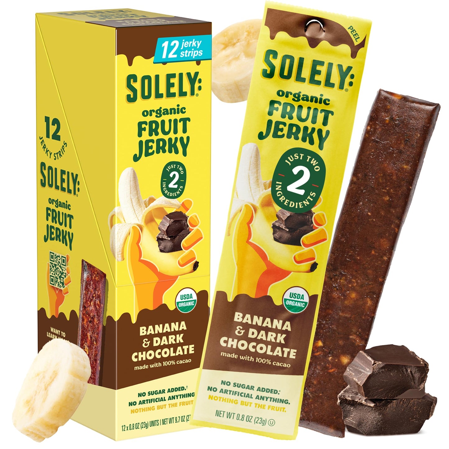 SOLELY - Organic Banana Chocolate Drizzled Fruit Jerky - 12 Individually Wrapped Strips - Fruit Leather Made from Dried Fruit -