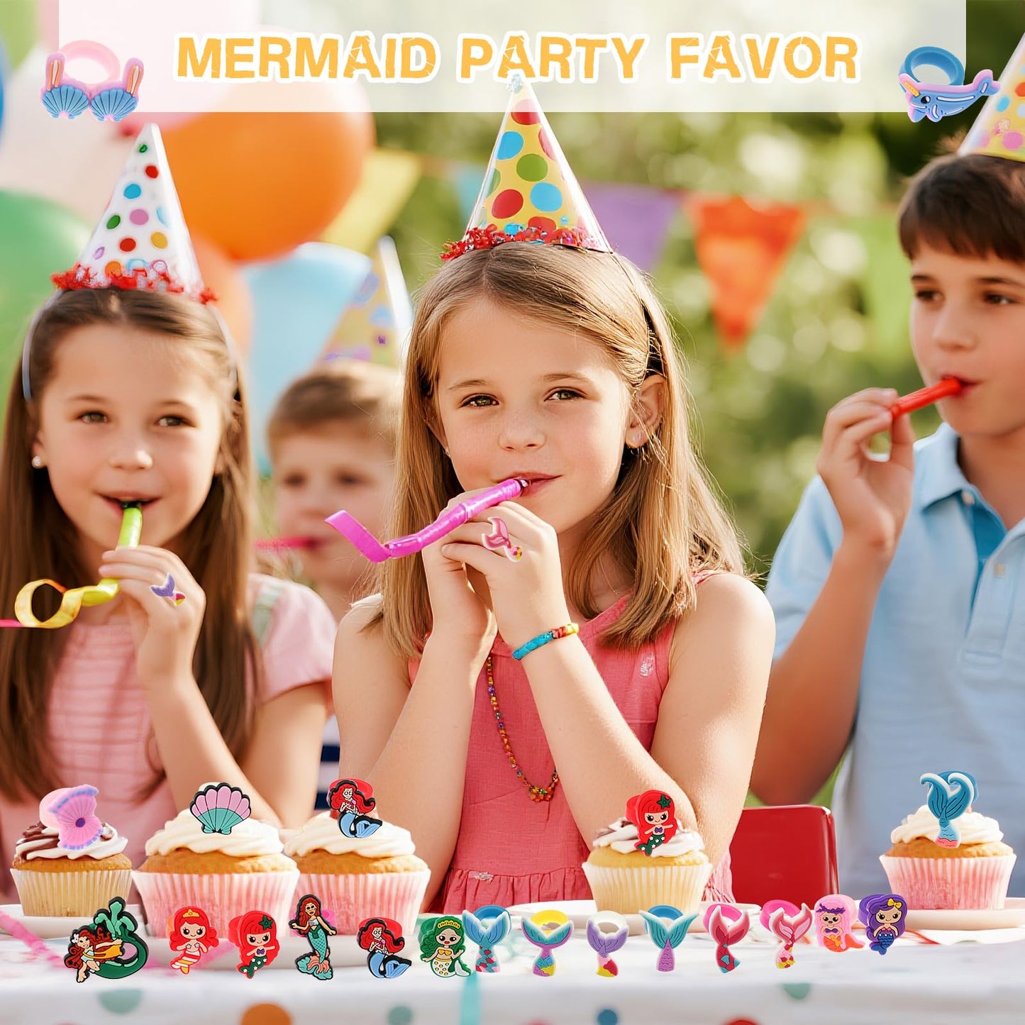 Pabucle 30 Pcs Mermaid Rubber Rings Soft Ocean Theme Cupcake Ring for Birthday Party Favors Supplies Pretend and Dress Up Rings