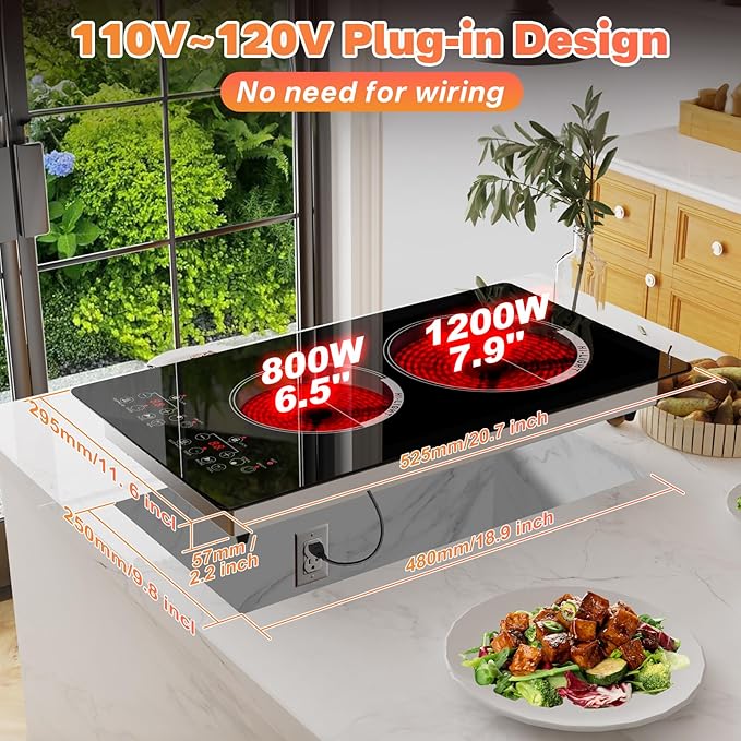Alemania 12 inch Electric Cooktop 2 Burner Infrared Stove, 2000W Plug in Hotplate Double Heating Elements Stove for Cooking, 120V Ceramic Hot Plate, Built-in and Countertop Compatible