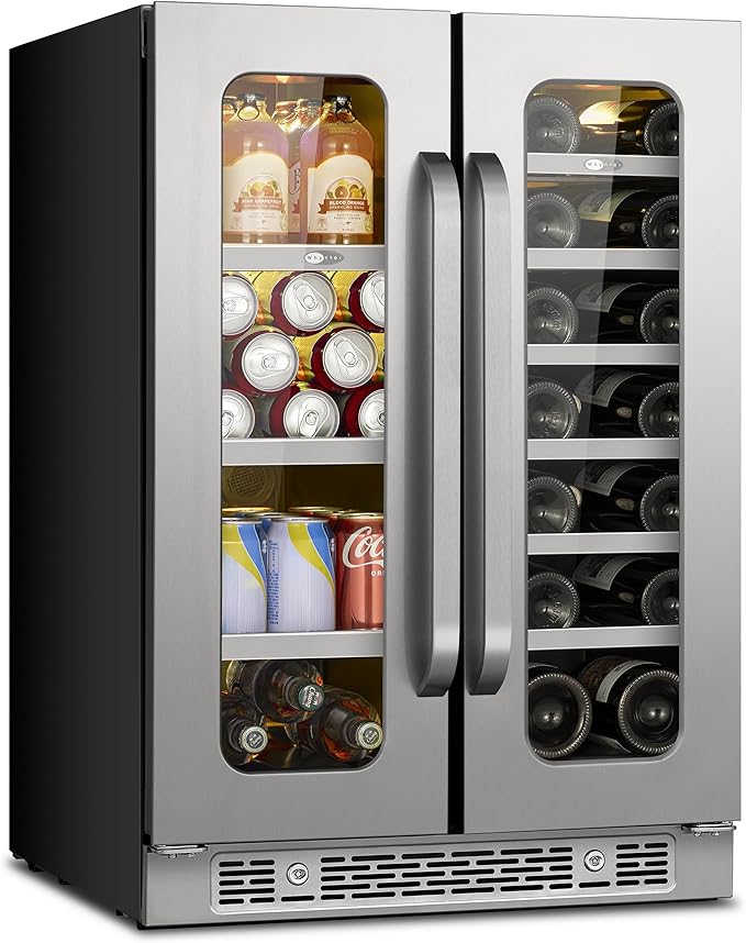 Whynter 24 Inch Dual Zone Wine and Beverage Refrigerator, 20 Bottle 60 Can Wine Fridge with Glass Door, 36-72°F Built-in Freestanding Under Counter Wine Cooler with 3 LED Light(4.1 cu.ft)