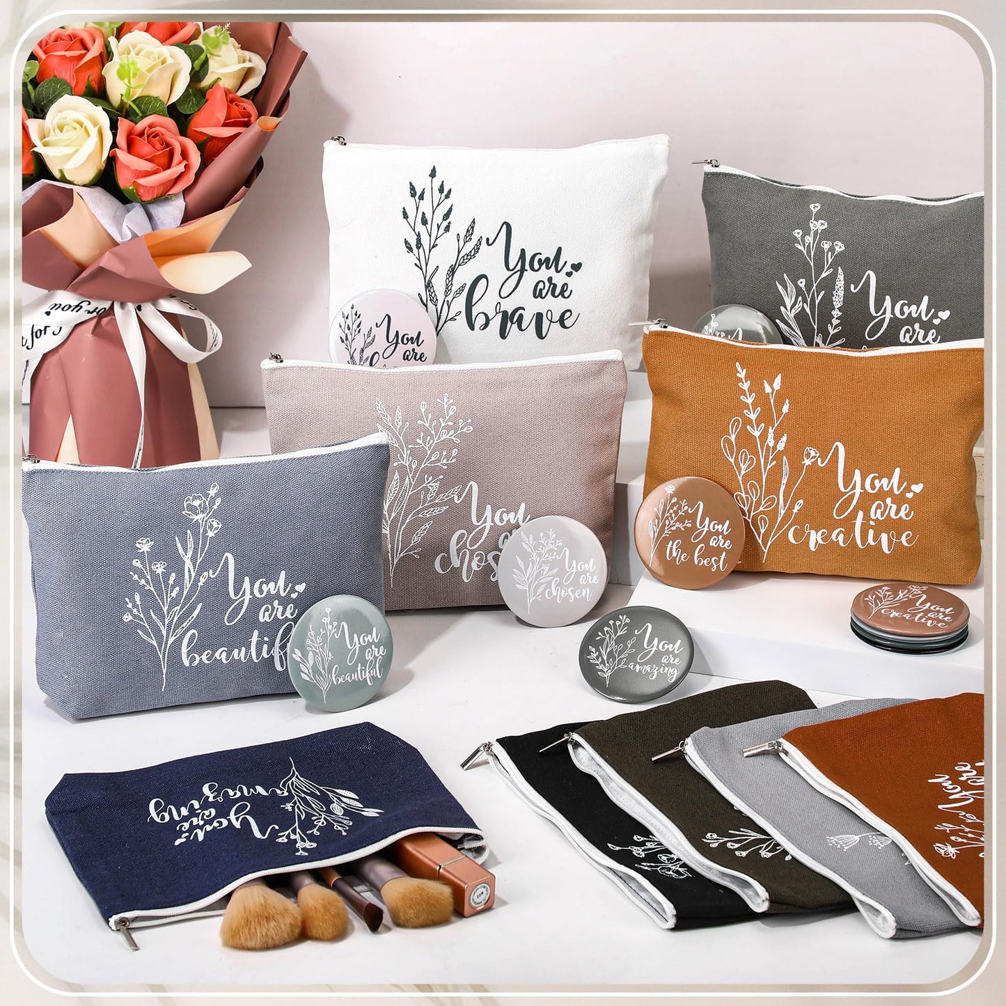 Vercraft 40 Pcs Employee Appreciation Gifts 20 Inspirational Canvas Makeup Bags 20 Compact Mirrors Bulk Cosmetic Bags Round Port
