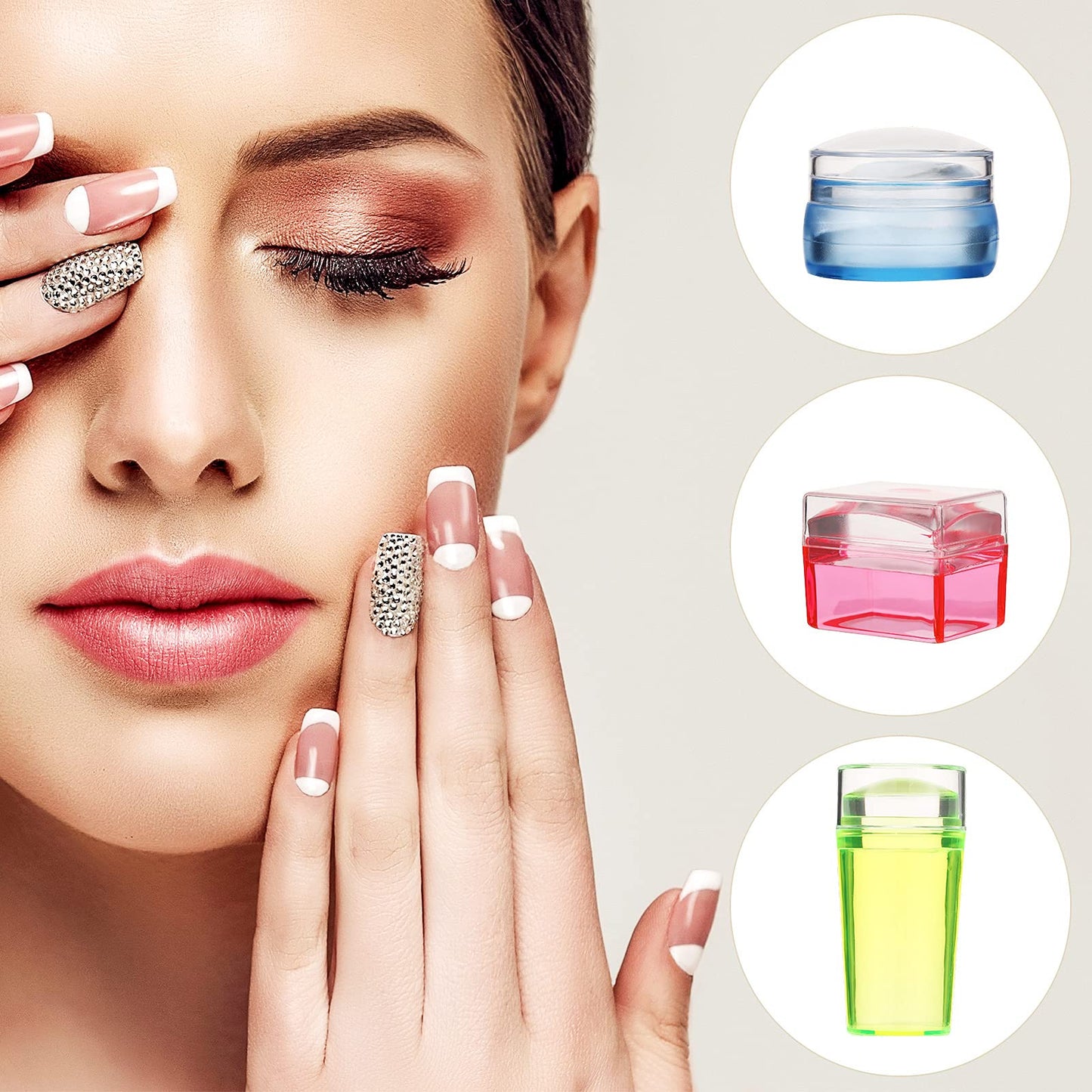 Leelosp 14 Pieces Clear French Tip Nail Stamp with Nail Art Brushes, Silicone Jelly Clear Stamper for Nails Include Gel Brush Po