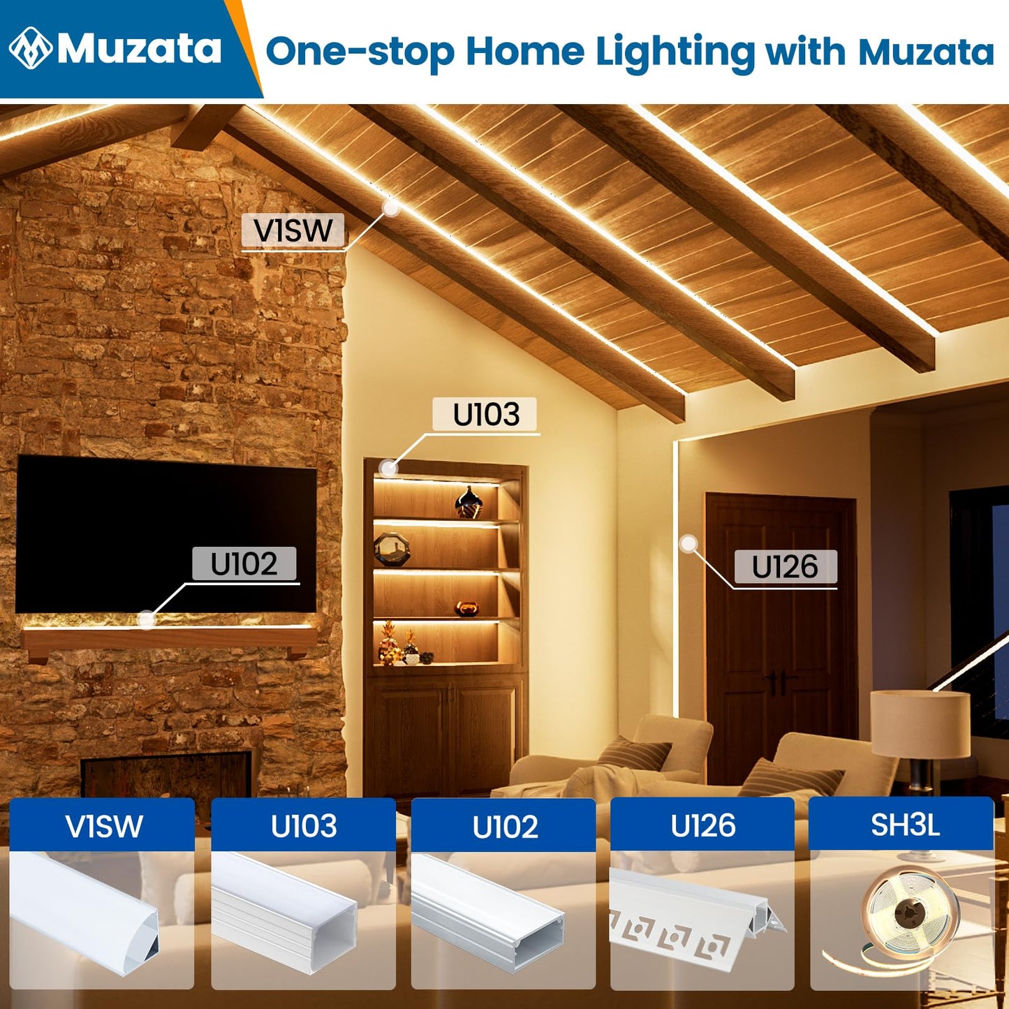 Muzata 10Pack 3.3FT/1M V Shape LED Channel Silver Aluminum LED Strip Diffuser Channel with Milky White Cover Frosted Corner Lighting Easy Installation V1SW WW 1M