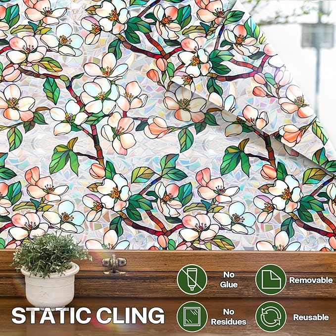 Stained Glass Window Film UV Resistant Window Privacy Film Petal Privacy Rainbow Decals Living Room Bedroom Sun Blocking Decor Removable Static Cling Stickers 17 x 39.37 Inch