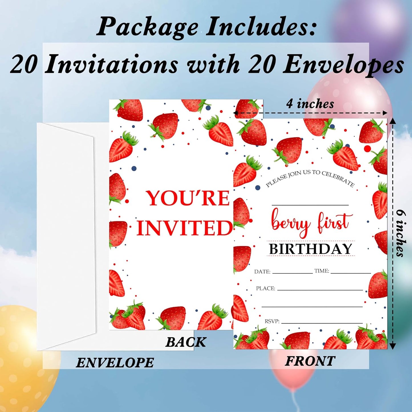 Berry 1st Birthday Invitations, 20 Invitation Cards with Envelopes, Strawberry First Invites for Party Decorations Favor Supplies - A06
