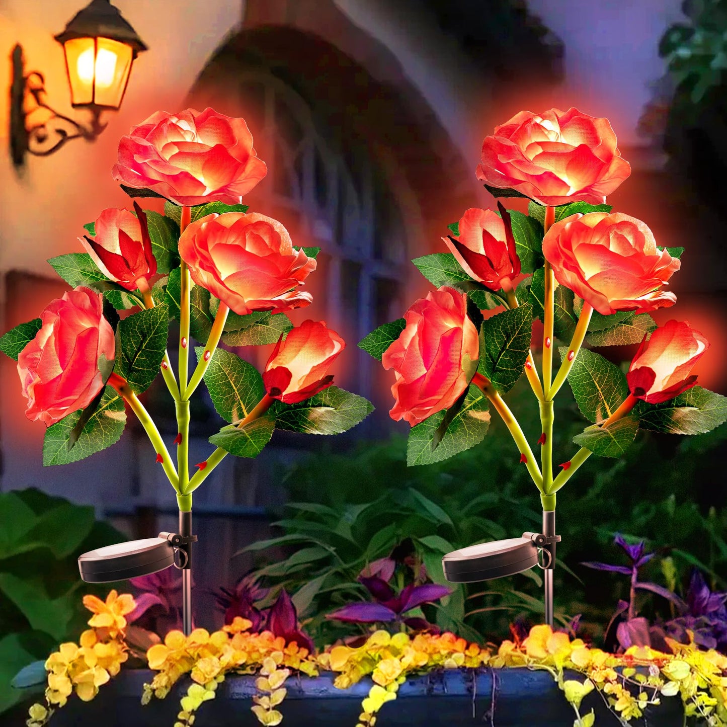 Anordsem Solar Garden Lights - 2 Pack Waterproof Red Fabric Roses - LED Landscape Lighting for Yard and Cemetery