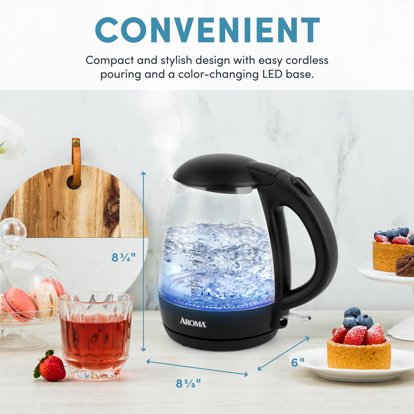 AROMA® 1.2L / 5-Cup Glass Electric Kettle with Cordless Pouring, Trigger-Release Lid, Automatic Shut-off, Black (AWK-151B)