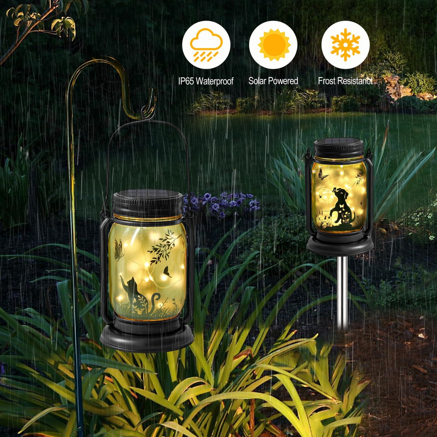 YJFWAL Solar Lanterns for Cats & Butterflies, Waterproof Glass, LED Mason Jar, Brown, Model: Cat fugumeisen-1P